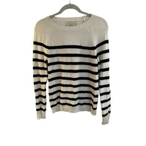 LOFT Women's Cream and Black Striped Crew Neck Sweater